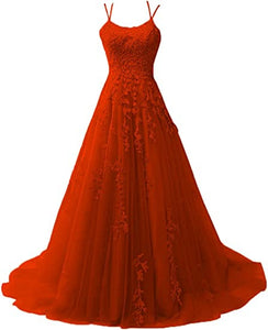 Tangerine Prom Dress 2023 Spaghetti Straps Lace Appliques Tulle Corset Back