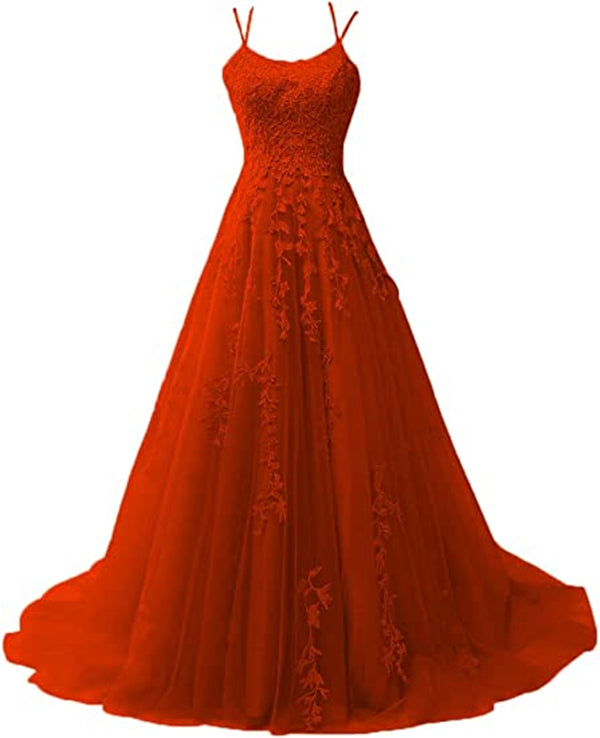 open lace back dress Tangerine Prom Dress 2023 Spaghetti Straps Lace Appliques Tulle Corset Back Custom Size / Tangerine