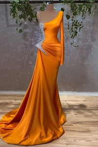 Burnt Orange Prom Dress 2023 One-shoulder Satin Long Sleeve Draping