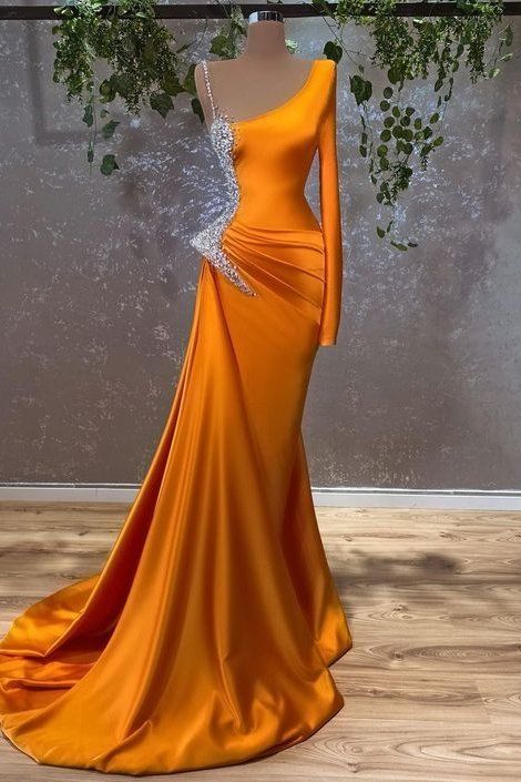 Burnt Orange Prom Dress 2023 One-shoulder Satin Long Sleeve Draping AnnaCustomDress Burnt Orange Prom Dress 2023 One-shoulder Satin Long Sleeve Draping AnnaCustomDress