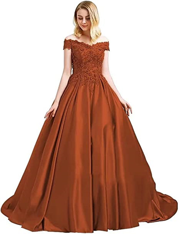 Burnt Orange Prom Dress 2023 Off the Shoulder Lace Appliques Satin with Pockets