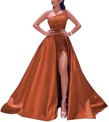 Burnt Orange Prom Dress 2023 One-shoulder Lace Appliques Sequined with Slit