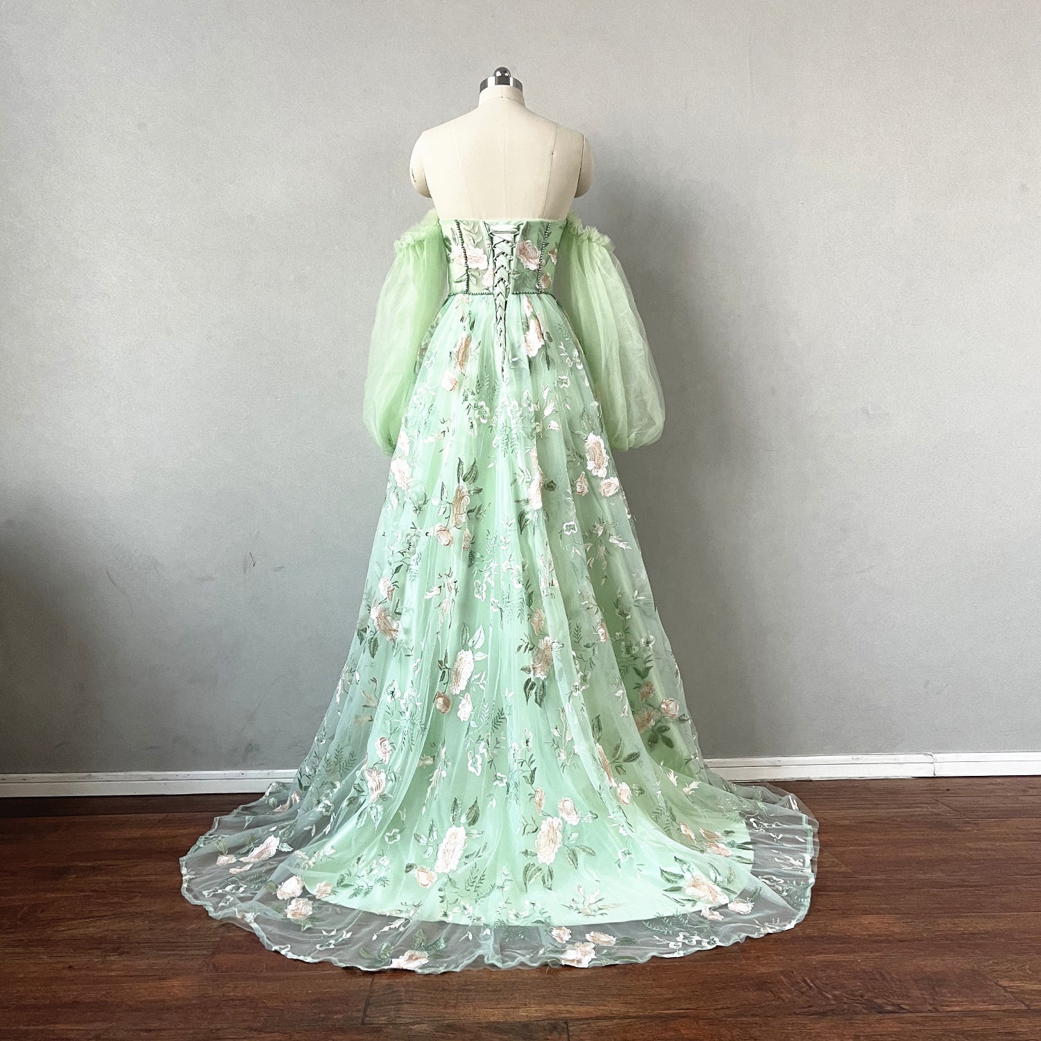 Floral Prom Dress 2023 Beaded A-line Sweetheart Neck Puffy Sleeves Tul AnnaCustomDress Floral Prom Dress 2023 Beaded A-line Sweetheart Neck Puffy Sleeves Tul AnnaCustomDress