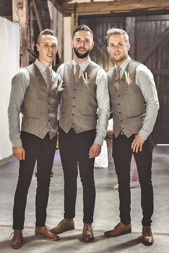 Brown Herringbone & Satin Men's Vest Made to Order Wedding Groomsmen Waistcoat 3 Pockets