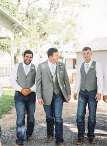 Light Grey Satin Groomsmen Vest Made to Order Wedding Men's Waistcoat V-neck 0 Pocket 4 Buttons