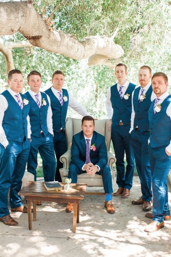 Men's Suit 2 Pcs Vest Pants Hole Blue V Neck Back Satin For Groomsmen Wedding Party