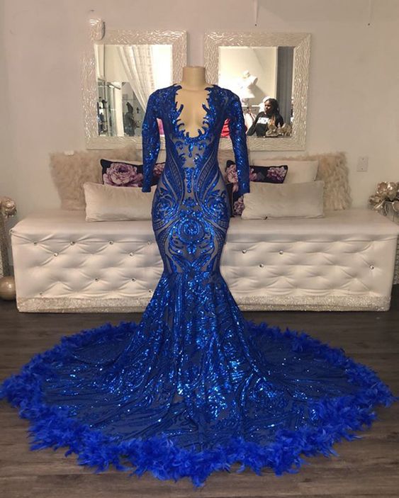 Royal Blue Prom Dress 2023 Long Sleeves Sequin with Feathers –  AnnaCustomDress