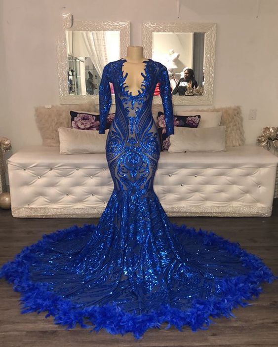 Royal Blue Prom Dress 2023 Long Sleeves Sequin with Feathers AnnaCustomDress Royal Blue Prom Dress 2023 Long Sleeves Sequin with Feathers AnnaCustomDress