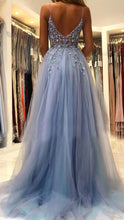 Load image into Gallery viewer, Blue Prom Dress 2023 Spaghetti Straps Lace Appliques Tulle with Slit