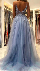 Blue Prom Dress 2023 Spaghetti Straps Lace Appliques Tulle with Slit