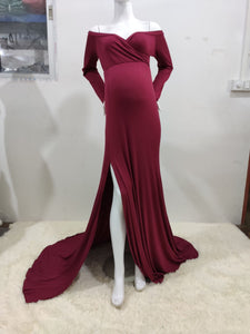 Satin Maternity Photography Dresses Off the Shoulder Side Split Elegant