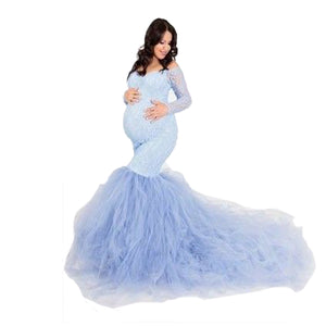 Tulle Mermaid Elegant Maternity Photography Dresses Off The Shoulder Long Sleeve
