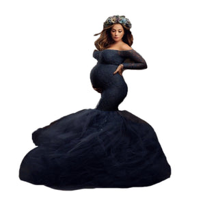 Tulle Mermaid Elegant Maternity Photography Dresses Off The Shoulder Long Sleeve