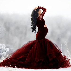 Tulle Mermaid Elegant Maternity Photography Dresses Off The Shoulder Long Sleeve