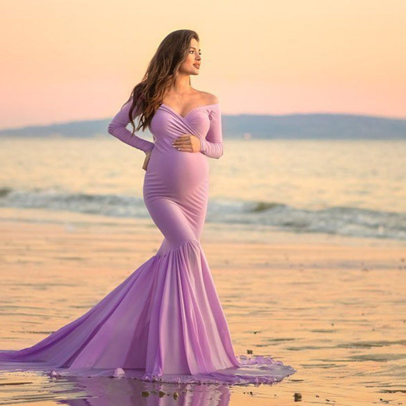 Cotton Mermaid Maternity Photography Dresses Off The Shoulder Long Sleeve 2021 S / Green