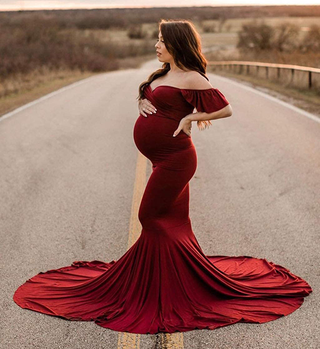 Cotton Pregnant Photography Dresses Off The Shoulder Elegant 2021 S / Burgundy