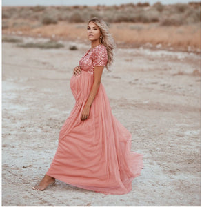 Tulle Pregnant Photography Dresses V Neck Short Sleeve Sequin 2021