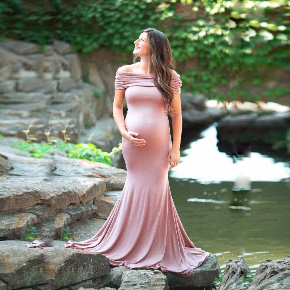 knee length dresses for ladies Cotton Mermaid Pregnant Photography Dresses Boat Neck Strapless 2021 L / Pink