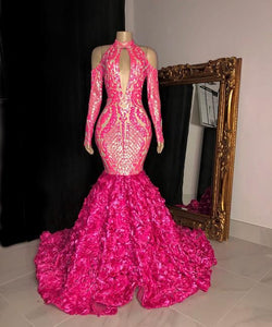Hot Pink Prom Dress 2023 Halter Neck Sequin with Long Sleeves Hollow