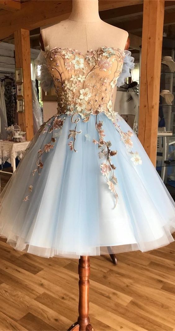 Cute Homecoming Dress 2022 Floral Short A Line Sleeveless Tulle with Appliques Custom Size / Same As Sample