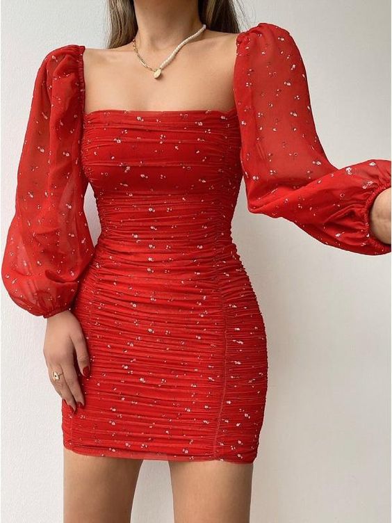 Red Homecoming Dress 2022 Bodycon Long Sleeves Short with Spark