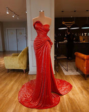 Load image into Gallery viewer, Red Prom Dress 2023 Strapless Sequin with Slit Draping