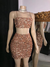 Load image into Gallery viewer, Black Girl Homecoming Dress 2022 Two Piece Rose gold  Mini Bodycon Short Spaghetti with Sequin