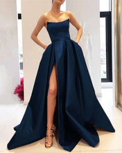 Load image into Gallery viewer, Dark Blue Prom Dress 2023 A-line Strapless Satin with Pleats