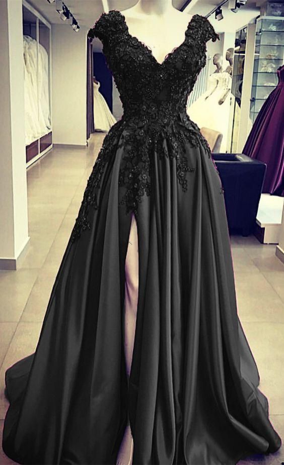 Black Prom Dress 2023 A-line V Neck Sleeveless Beaded Charmeuse with Pleats Slit