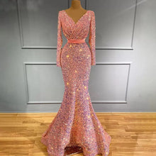 Load image into Gallery viewer, Sequin Pink Prom Dress 2023 Mermaid V Neck Long Sleeves Ribbon Sparkly Corset Back