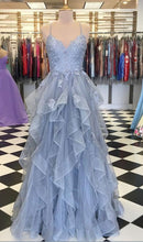 Load image into Gallery viewer, Elegant Prom Dress 2023 A-line V Neck Spaghetti Straps Tulle with Ruffles Appliques