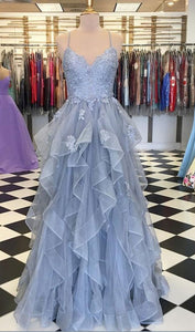 Elegant Prom Dress 2023 A-line V Neck Spaghetti Straps Tulle with Ruffles Appliques