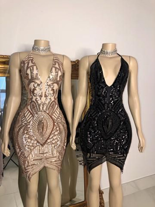 Black Girl Homecoming Dress 2022 V Neck Short Bodycon Backless with Sequin