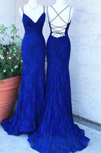 Load image into Gallery viewer, Elegant Royal Blue Prom Dress 2023 Sheath V Neck Spaghetti Straps Crisscross Back Lace
