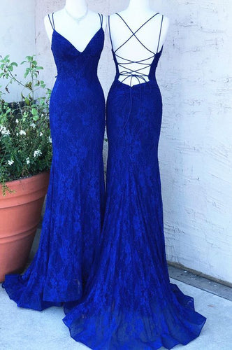 Elegant Royal Blue Prom Dress 2023 Sheath V Neck Spaghetti Straps Crisscross Back Lace