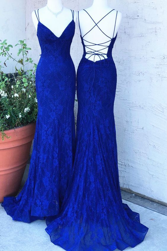 Elegant Royal Blue Prom Dress 2023 Sheath V Neck Spaghetti Straps Crisscross Back Lace 2 / Custom Color Elegant Royal Blue Prom Dress 2023 Sheath V Neck Spaghetti Straps Crisscross Back Lace 2 / Custom Color