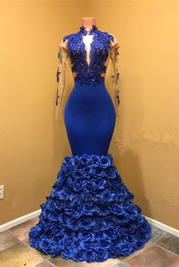 Royal Blue Prom Dress 2023 Mermaid V Neck Illusion Sleeves Jersey Rose Fabric