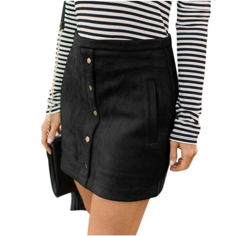 Women's High-waisted Button-down Suede A-line Mini Skirt