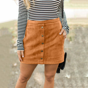 Women's High-waisted Button-down Suede A-line Mini Skirt