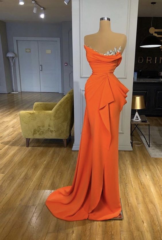 Orange Prom Dress 2023 Strapless Satin Draping