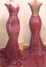 Load image into Gallery viewer, Unique Prom Dress 2023 Mermaid/Trumpet V Neck Spaghetti Straps Crisscross Back Glitter Sparkle&amp;Shine