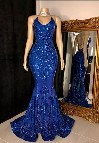 Royal Blue Prom Dress 2023 Mermaid Halter Neck Sleeveless Sequin Crisscross Back