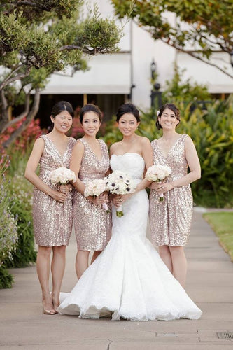 Rose Gold Sequin Short Bridesmaid Dress