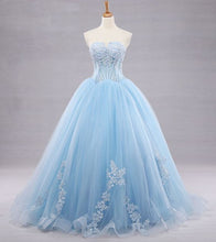 Load image into Gallery viewer, Prom Dress 2022 Ball Gown Light Sky Blue Tulle Lace Applique with Horsehair Hem