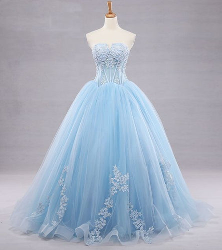 Prom Dress 2022 Ball Gown Light Sky Blue Tulle Lace Applique with Horsehair Hem