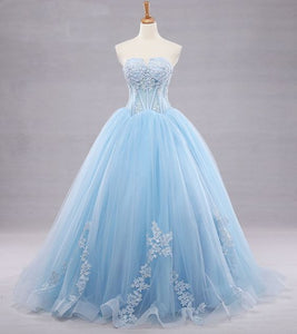Prom Dress 2022 Ball Gown Light Sky Blue Tulle Lace Applique with Horsehair Hem