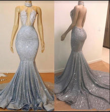 Load image into Gallery viewer, Black Girl Prom Dress 2022 Silver Sequin Backless Mermaid