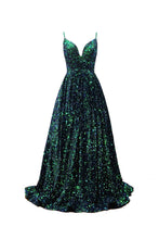 Load image into Gallery viewer, Forest Green Big Sequin Prom Dress 2022 Ball Gown Spaghetti Straps Corset Back with Pockets