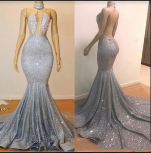 Black Girl Prom Dress 2022 Silver Sequin Backless Mermaid