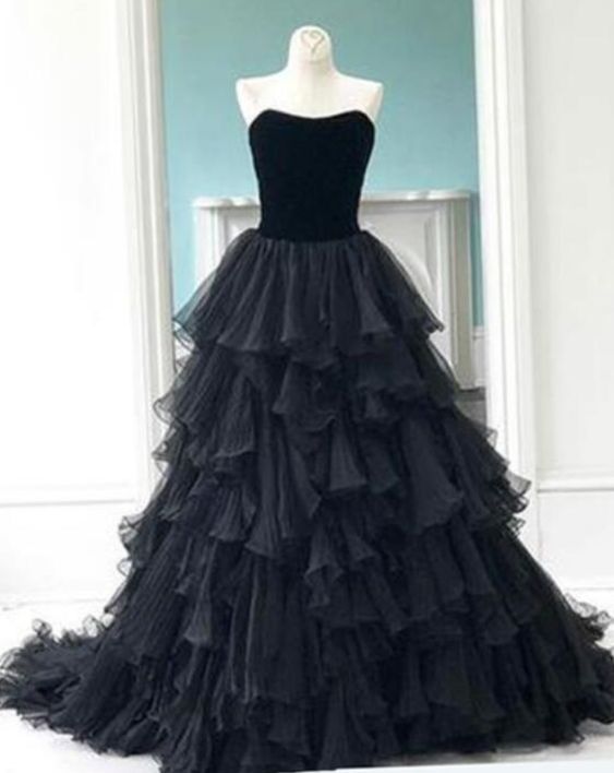 Prom Dress 2022 Black Velvet Top Tulle Tier Skirt